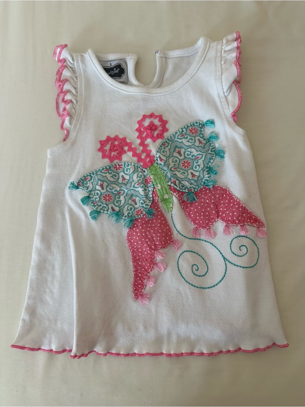 Mud Pie White Tank Top with Pink and Teal Butterfly Appliqué